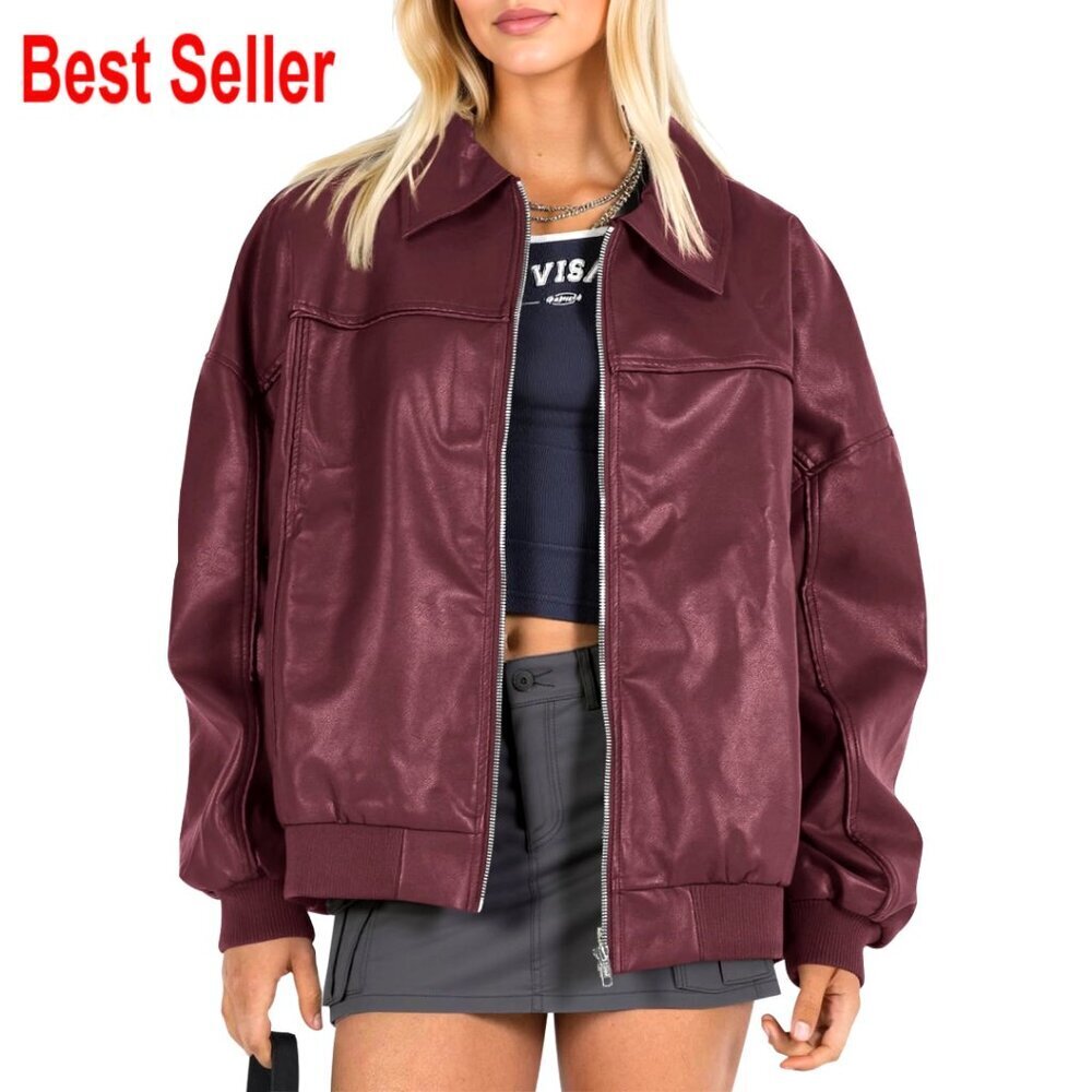 Oversized Faux Leather Bomber Jacket Zip Up Moto Biker Coat